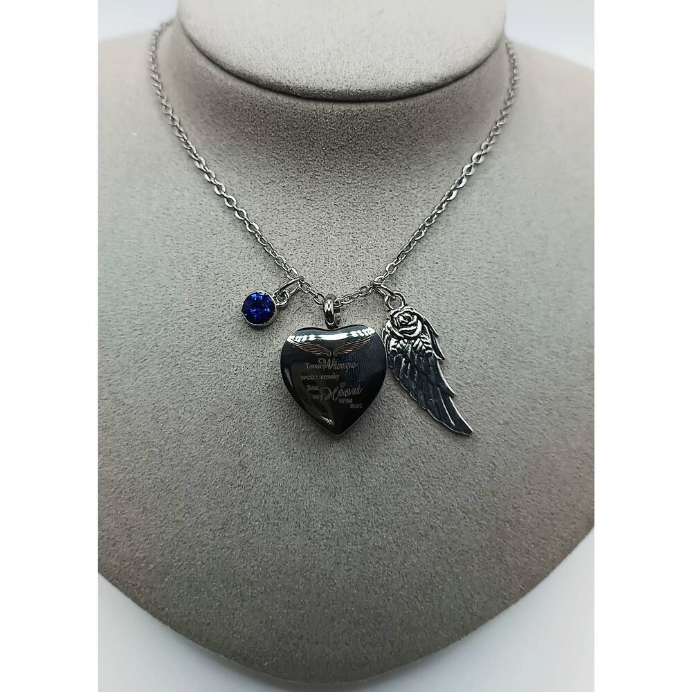 Memorial Urn Necklace Heart Wing Blue Charm Stainless Steel